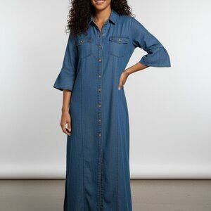 Chico's Shirt Dress Size 0P Petite Long Maxi Button-Front Jean Blue Size 4